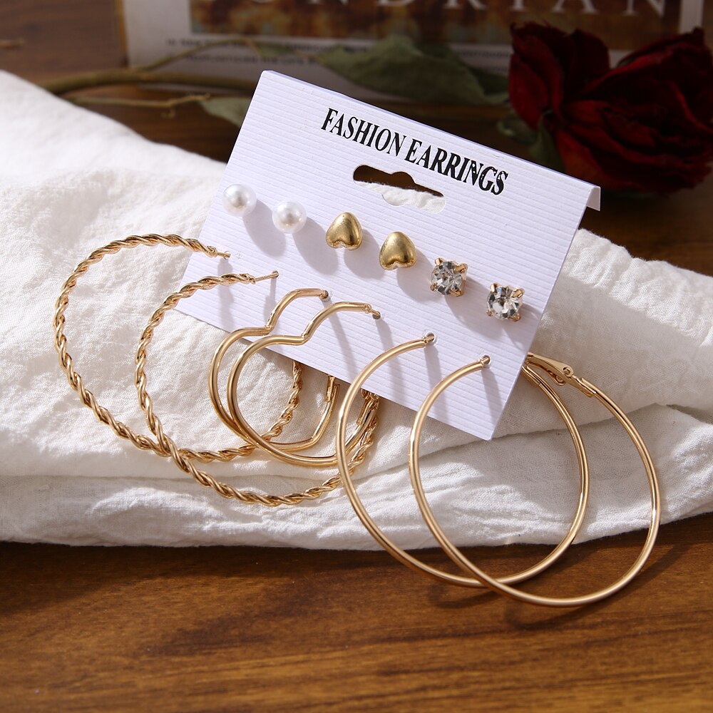 EN Pearl Hoop Earrings For Women Clip On Ear Rings Geometric Pendientes Round Circle Earring Set Brincos Korean Fashion Jewelry