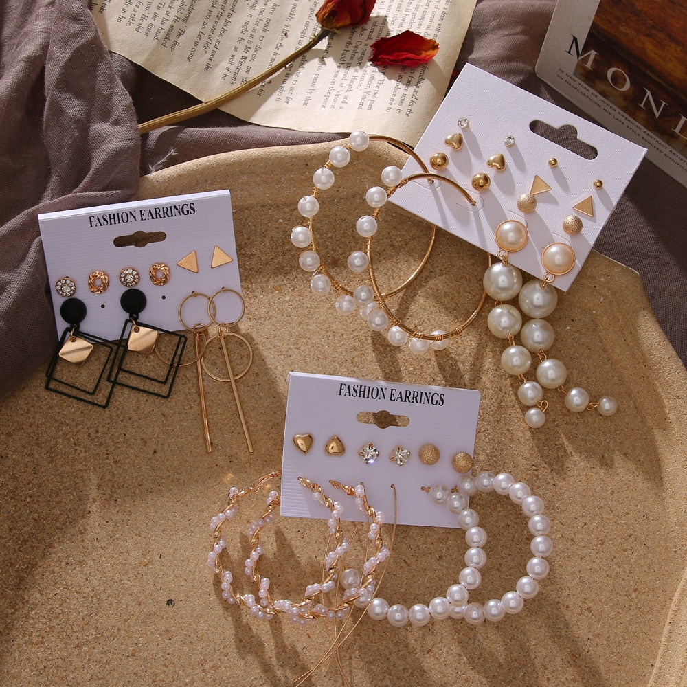 EN Pearl Hoop Earrings For Women Clip On Ear Rings Geometric Pendientes Round Circle Earring Set Brincos Korean Fashion Jewelry