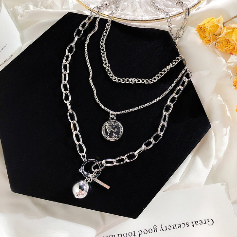 New Trendy Metal Ball Coin Cross Pendant Multi-layer Punk Design Long Chain Necklace For Women men Jewelry Gifts