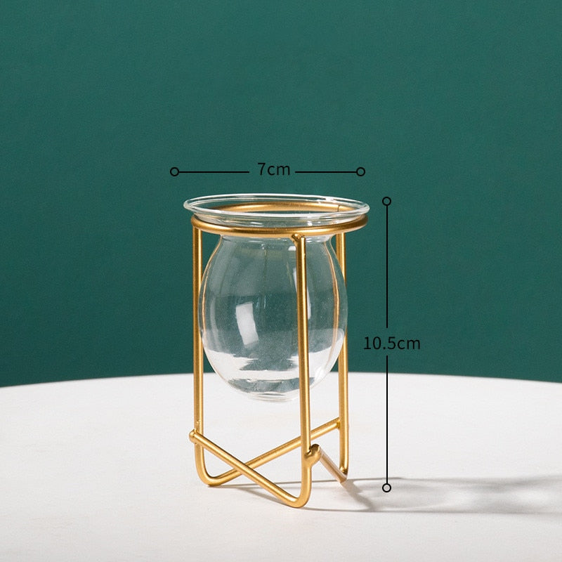 Nordic Golden Glass Vase Iron Hydroponic Plant Flower Vase Tabletop Coffee Shop Office Home Decoration Accessories Modern