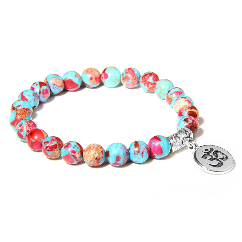 Handmade Natural Stone Lotus Ohm Buddha Beads Bracelet Pink Zebra Stone Lotus Charm Bracelet for Women Men Yoga Jewelry Gifts