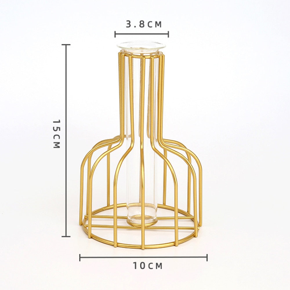 Nordic Golden Glass Vase Iron Hydroponic Plant Flower Vase Tabletop Coffee Shop Office Home Decoration Accessories Modern