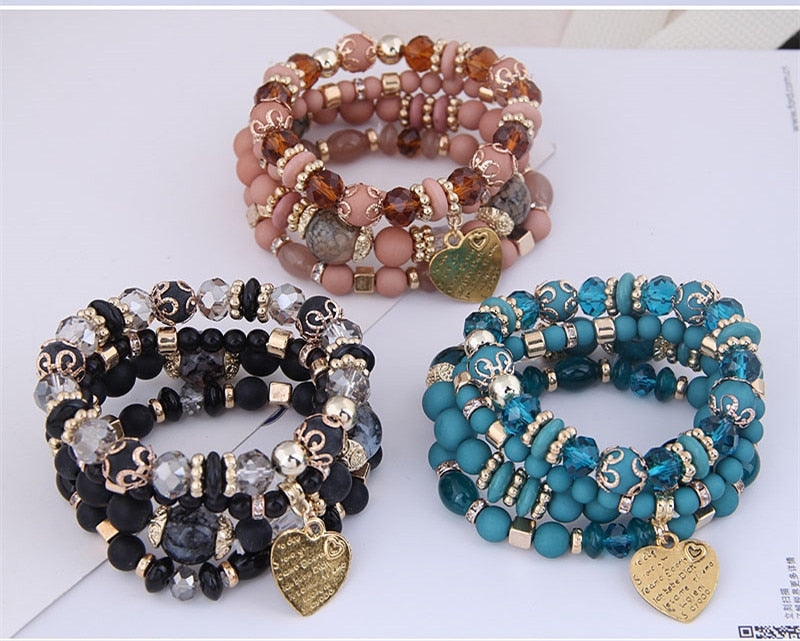 Kymyad (4pcs/set ) Multilayer Bohemia Bracelet Resin Beads Bracelets For Women Bijoux Vintage Heart Charm Bracelet Femme Jewelry