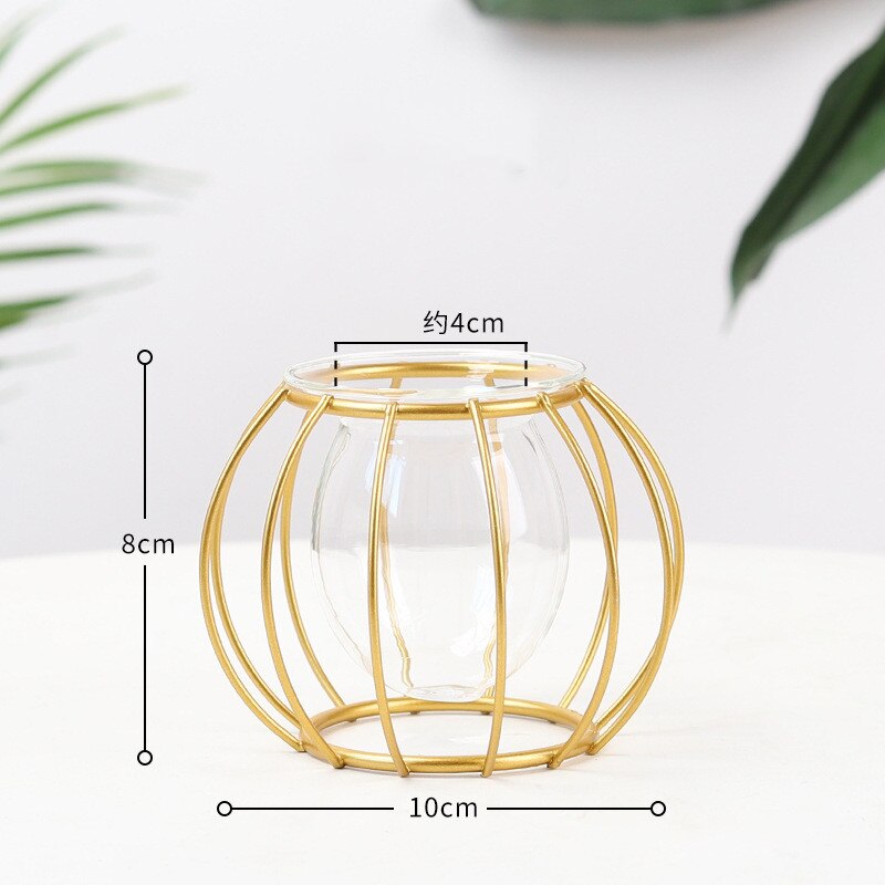 Nordic Golden Glass Vase Iron Hydroponic Plant Flower Vase Tabletop Coffee Shop Office Home Decoration Accessories Modern