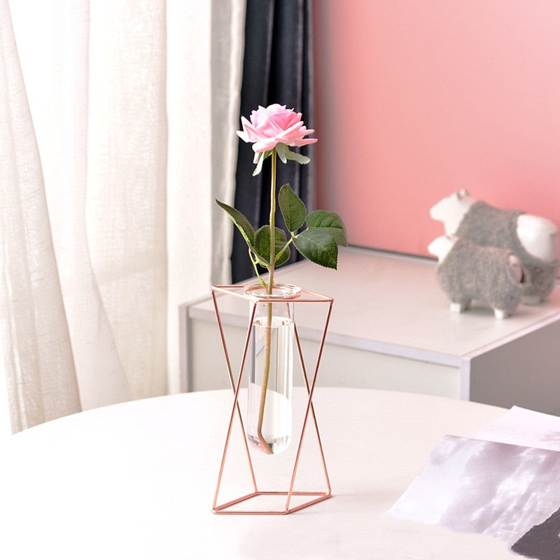 Nordic Golden Glass Vase Iron Hydroponic Plant Flower Vase Tabletop Coffee Shop Office Home Decoration Accessories Modern