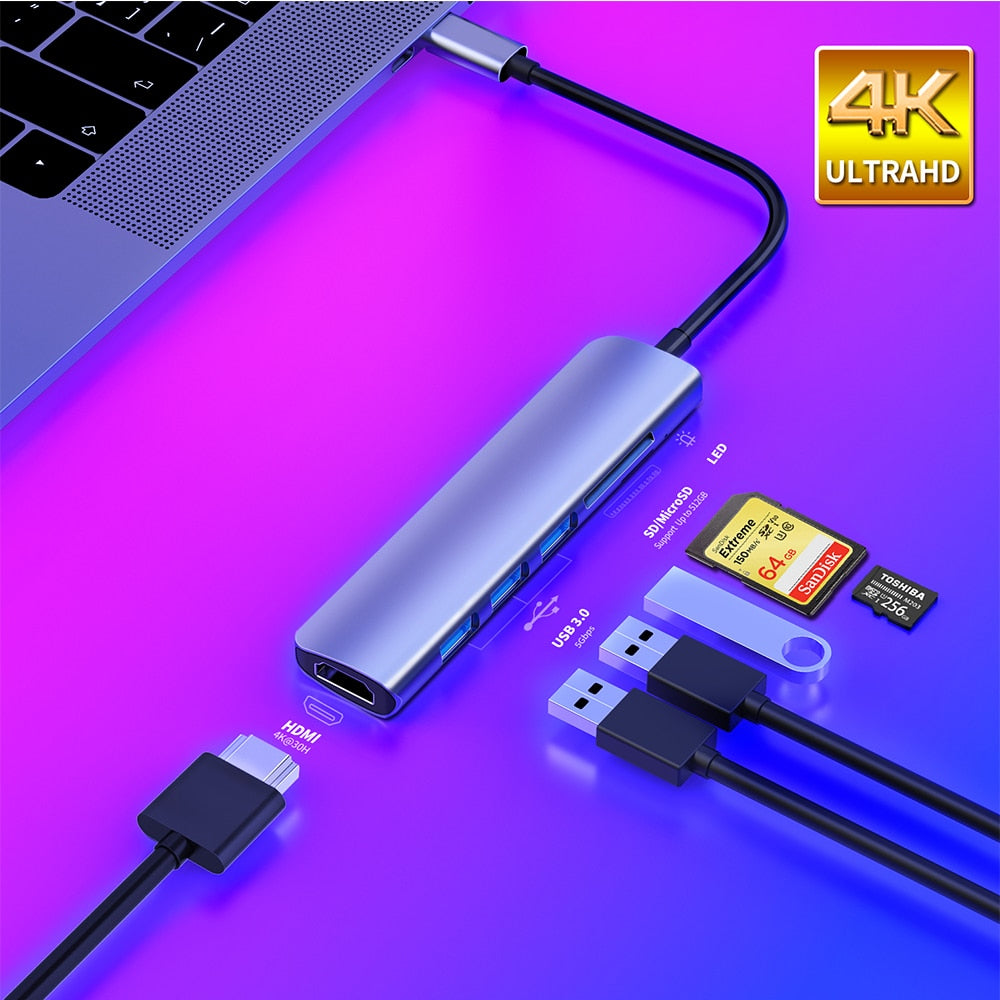 thumbnail image 2 of 6-in-1 USB-C Hub - Converts 1 Port To 7: HDMI 4K, USB 3.0, USB-C, Powered & Portable For MacBook & Laptops 2 of 12