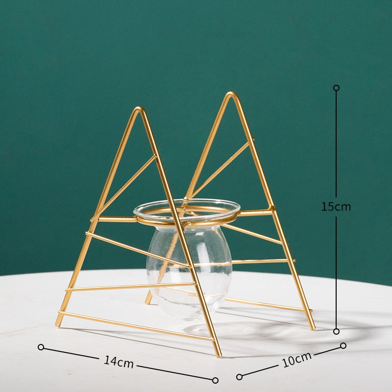 Nordic Golden Glass Vase Iron Hydroponic Plant Flower Vase Tabletop Coffee Shop Office Home Decoration Accessories Modern