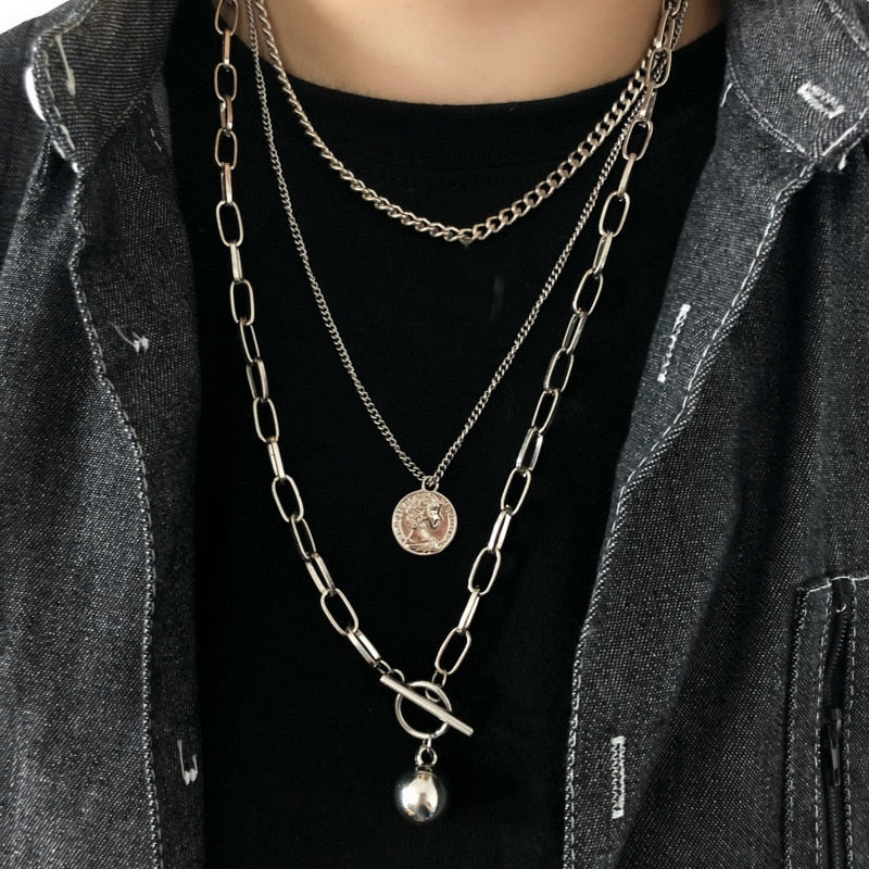New Trendy Metal Ball Coin Cross Pendant Multi-layer Punk Design Long Chain Necklace For Women men Jewelry Gifts