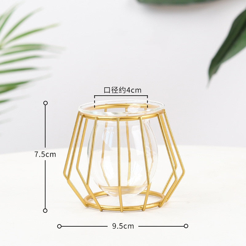 Nordic Golden Glass Vase Iron Hydroponic Plant Flower Vase Tabletop Coffee Shop Office Home Decoration Accessories Modern