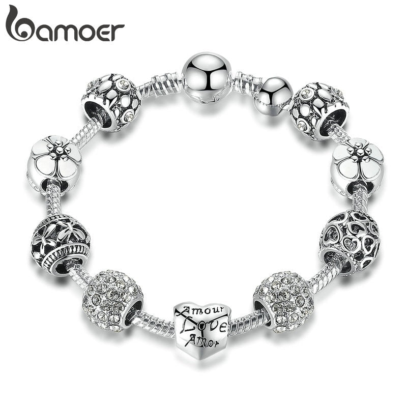 BAMOER Silver Plated Charm Bracelet & Bangle with Love and Flower Beads Women Wedding Jewelry 4 Colors 18CM 20CM 21CM PA1455