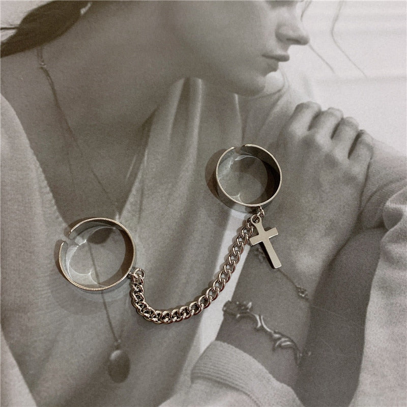 2020 Sale Vintage Cross Chain Ring Adjustable Joint Ring Hip Hop Punk Finger Rings For Women Men Egirl Dating Party BFF Jewelry