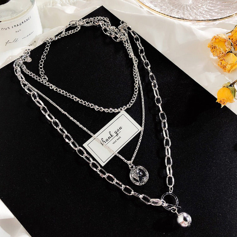 New Trendy Metal Ball Coin Cross Pendant Multi-layer Punk Design Long Chain Necklace For Women men Jewelry Gifts