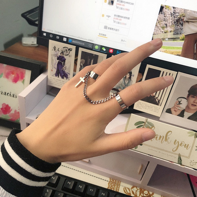2020 Sale Vintage Cross Chain Ring Adjustable Joint Ring Hip Hop Punk Finger Rings For Women Men Egirl Dating Party BFF Jewelry