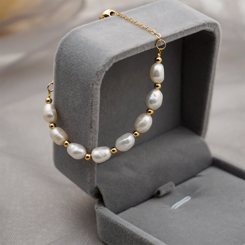Korean Original Minimalist Design Natural Pearl Gold Bracelet Woman Fashion Personality Cuff Bracelet Jewelry Anniversary Gifts