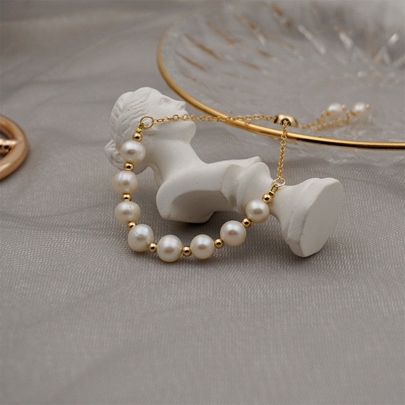 Korean Original Minimalist Design Natural Pearl Gold Bracelet Woman Fashion Personality Cuff Bracelet Jewelry Anniversary Gifts
