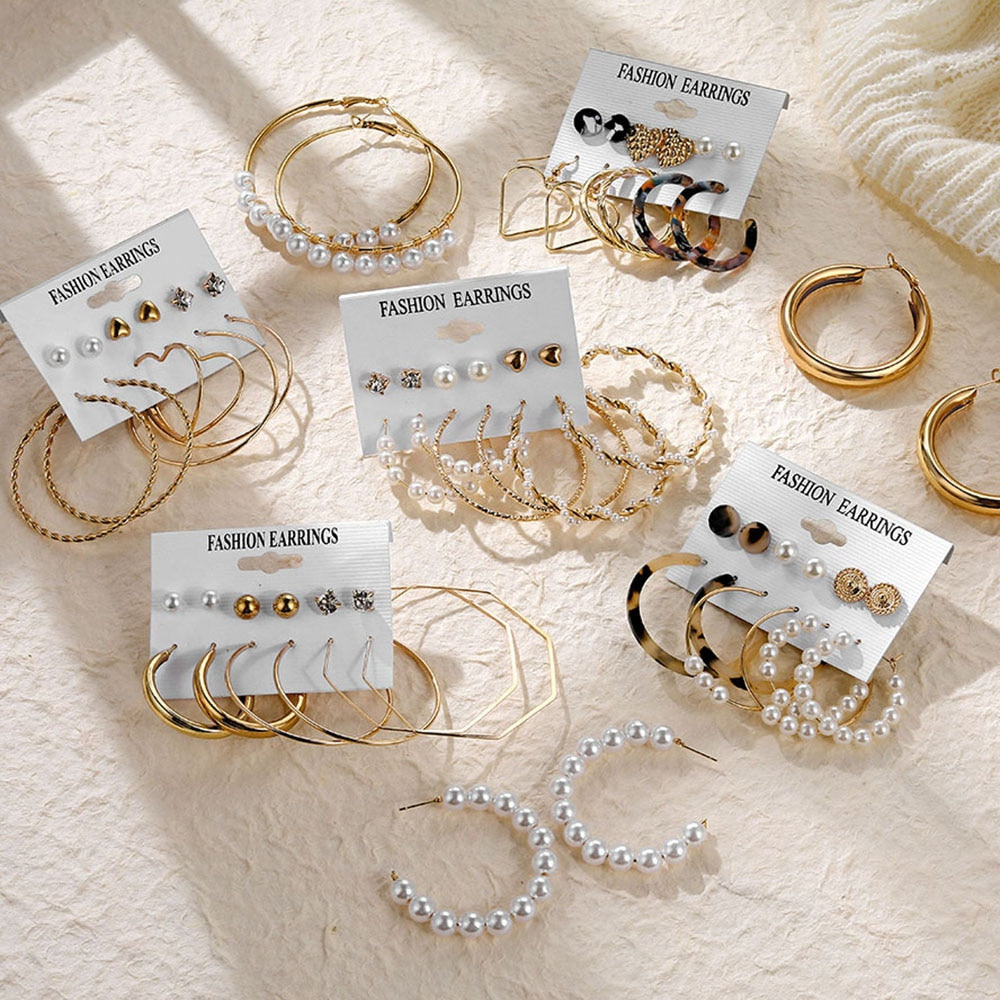 EN Pearl Hoop Earrings For Women Clip On Ear Rings Geometric Pendientes Round Circle Earring Set Brincos Korean Fashion Jewelry