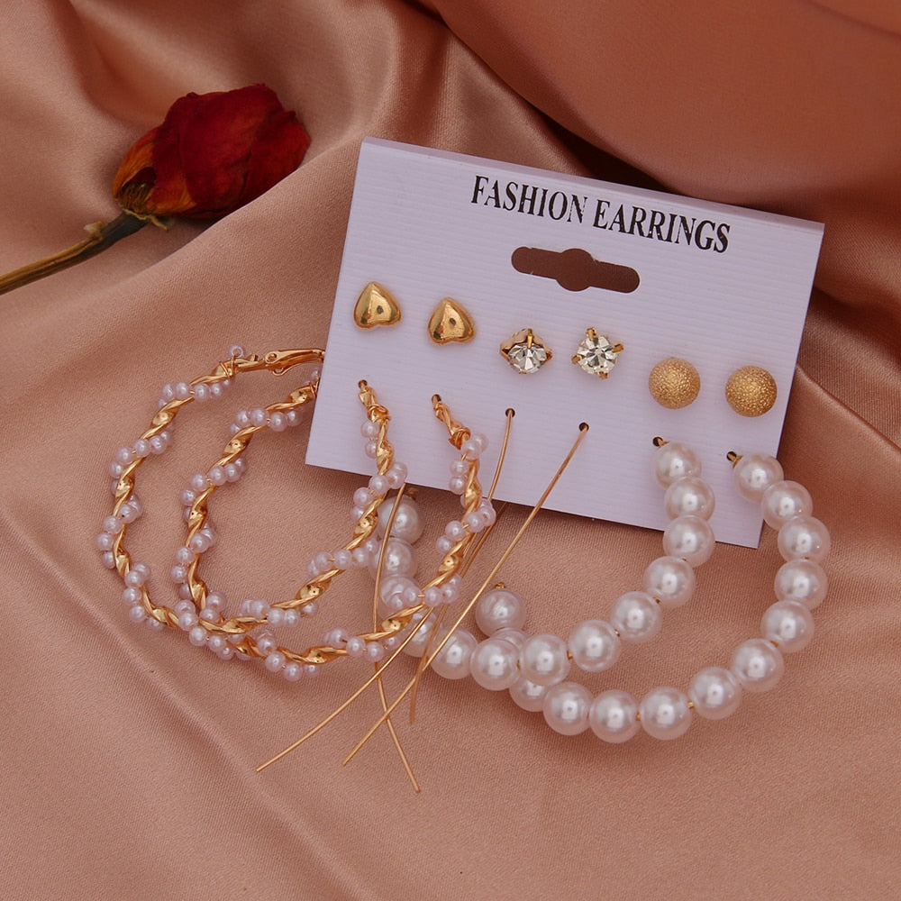EN Pearl Hoop Earrings For Women Clip On Ear Rings Geometric Pendientes Round Circle Earring Set Brincos Korean Fashion Jewelry