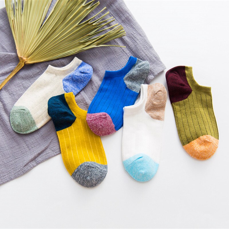 Patchwork Solid Striped Cotton Ankle Sock - 5 Pairs - Little Eudora