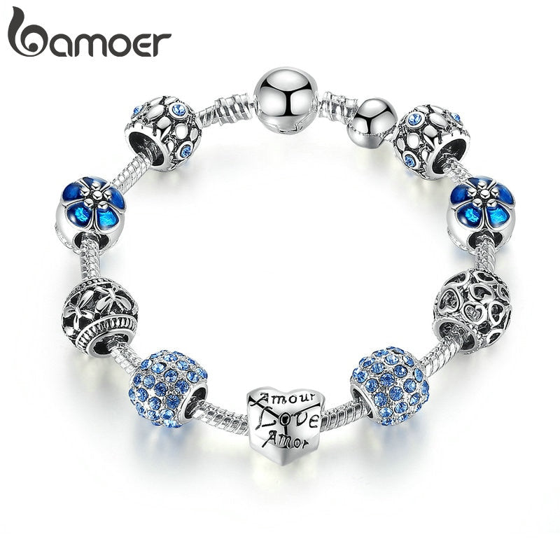 BAMOER Silver Plated Charm Bracelet & Bangle with Love and Flower Beads Women Wedding Jewelry 4 Colors 18CM 20CM 21CM PA1455