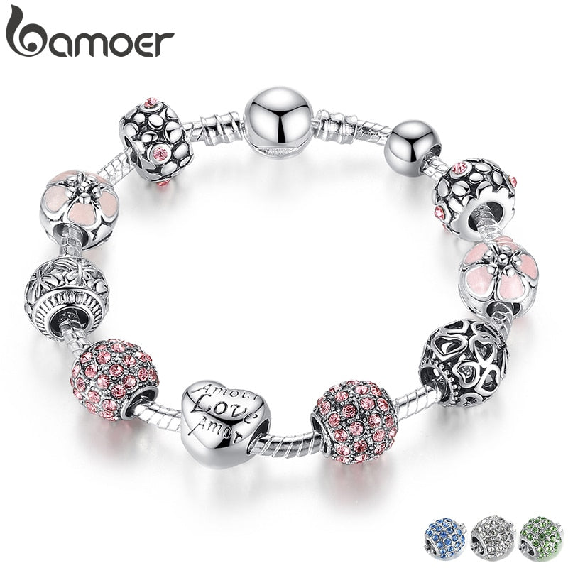 BAMOER Silver Plated Charm Bracelet & Bangle with Love and Flower Beads Women Wedding Jewelry 4 Colors 18CM 20CM 21CM PA1455