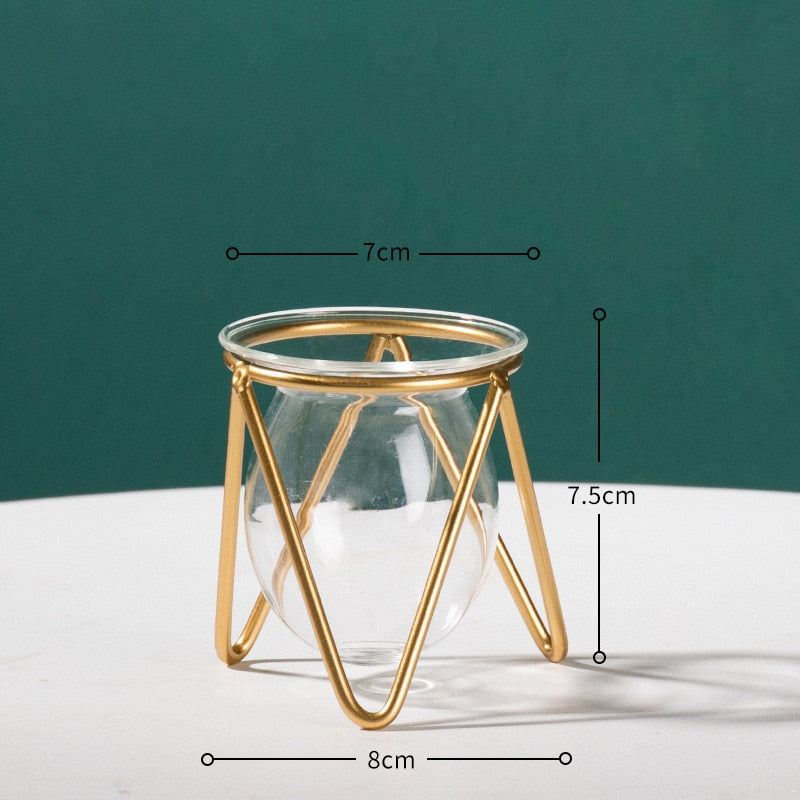 Nordic Golden Glass Vase Iron Hydroponic Plant Flower Vase Tabletop Coffee Shop Office Home Decoration Accessories Modern