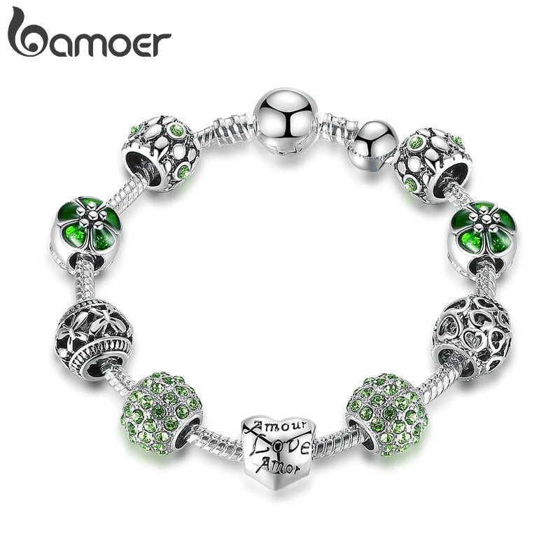 BAMOER Silver Plated Charm Bracelet & Bangle with Love and Flower Beads Women Wedding Jewelry 4 Colors 18CM 20CM 21CM PA1455