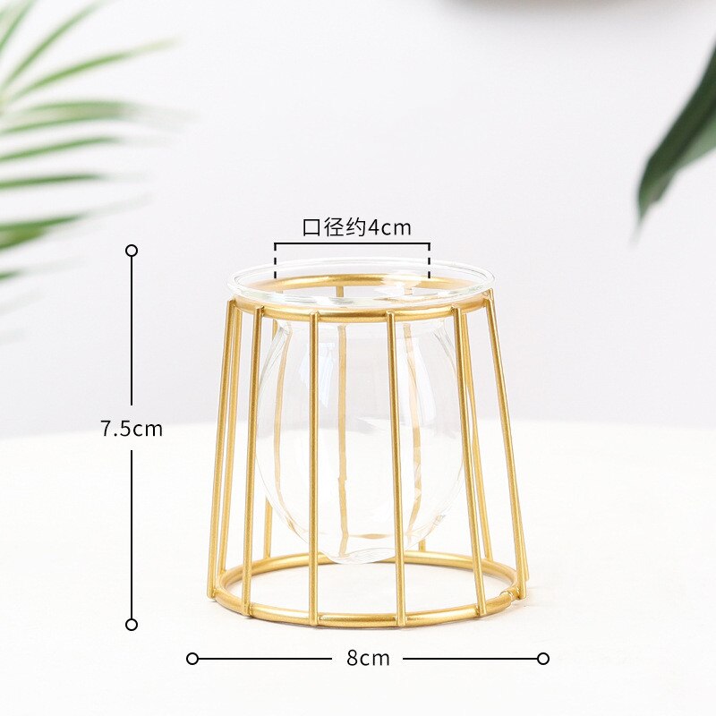 Nordic Golden Glass Vase Iron Hydroponic Plant Flower Vase Tabletop Coffee Shop Office Home Decoration Accessories Modern