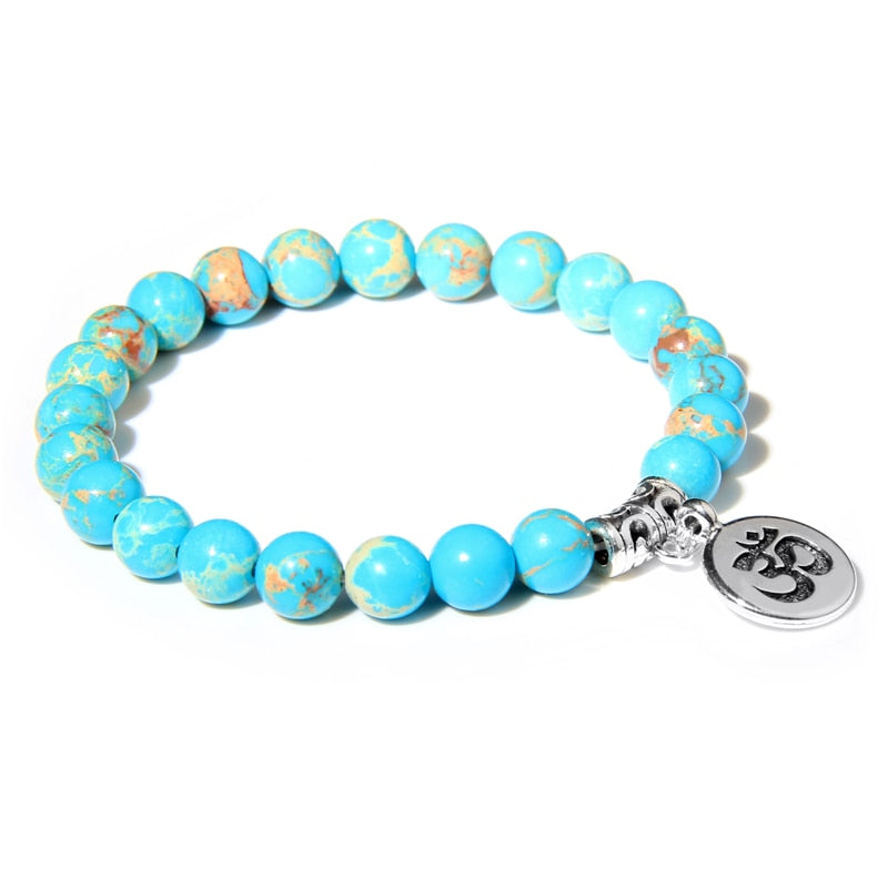 Handmade Natural Stone Lotus Ohm Buddha Beads Bracelet Pink Zebra Stone Lotus Charm Bracelet for Women Men Yoga Jewelry Gifts