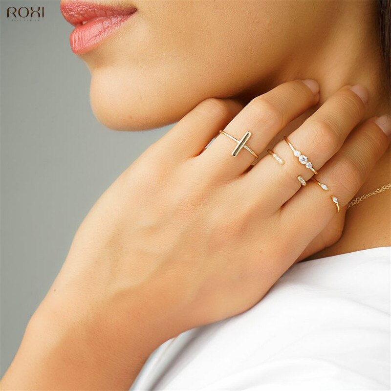 ROXI 925 Sterling Silver Rings for Women Adjustable Size Rings Wedding Jewelry Gold Silver Color Zirconia Crystal Finger Rings