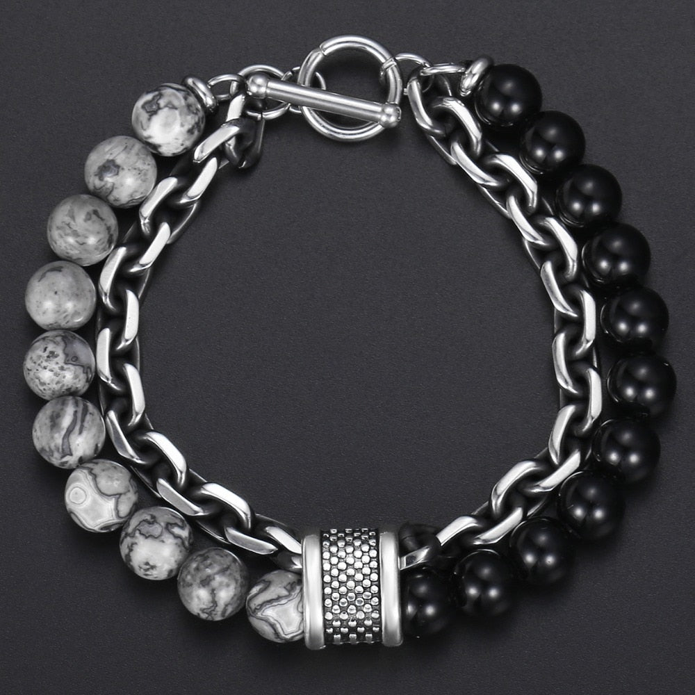 Trendsmax Natural Map Stone Men's Beaded Bracelet for women Stainless Steel Bracelets Male Jewelry Tiger eye 8 9 10 inch DB33