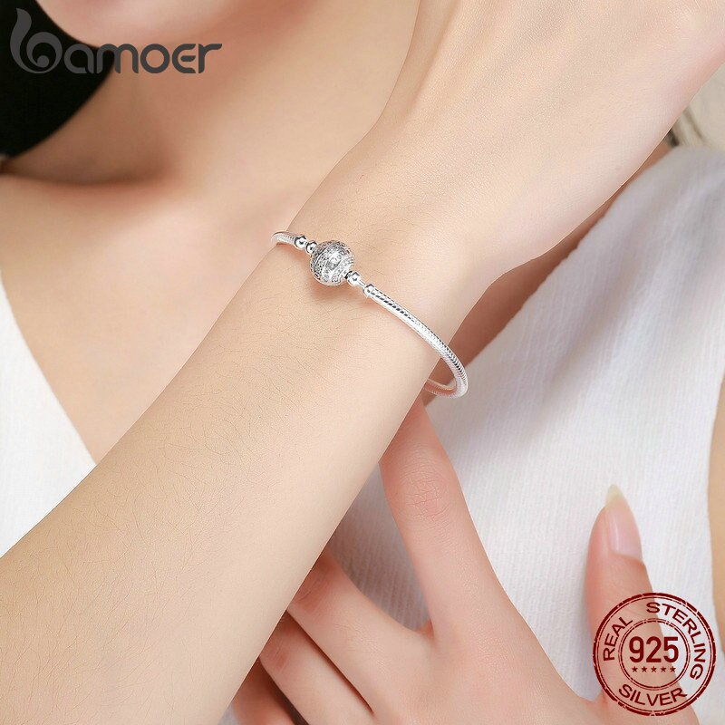 COUPON SAVE $2 100% 925 Sterling Silver Dazzling Clear CZ Round Clasp Snake Chain Bracelet Sterling Silver Jewelry SCB062