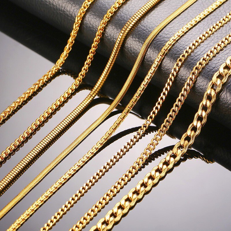 3-6MM Men Necklace Gold Tone Snake Chain Miami Cuba Link with Round Box and Wheat Chains Stainless Steel Choker Jewelry 24-27in