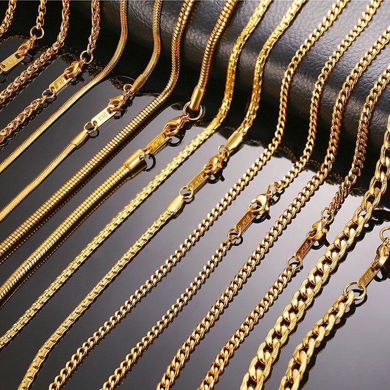 3-6MM Men Necklace Gold Tone Snake Chain Miami Cuba Link with Round Box and Wheat Chains Stainless Steel Choker Jewelry 24-27in