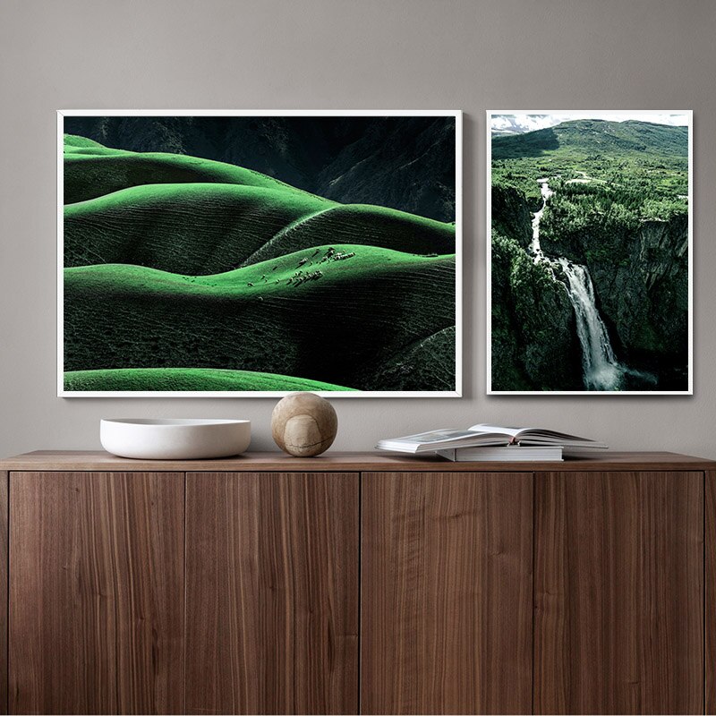 Scandinavian Natural Scenery Poster Nordic Print Forest Path Waterfall Landscape Wall Art Canvas Painting Picture Modern Decor