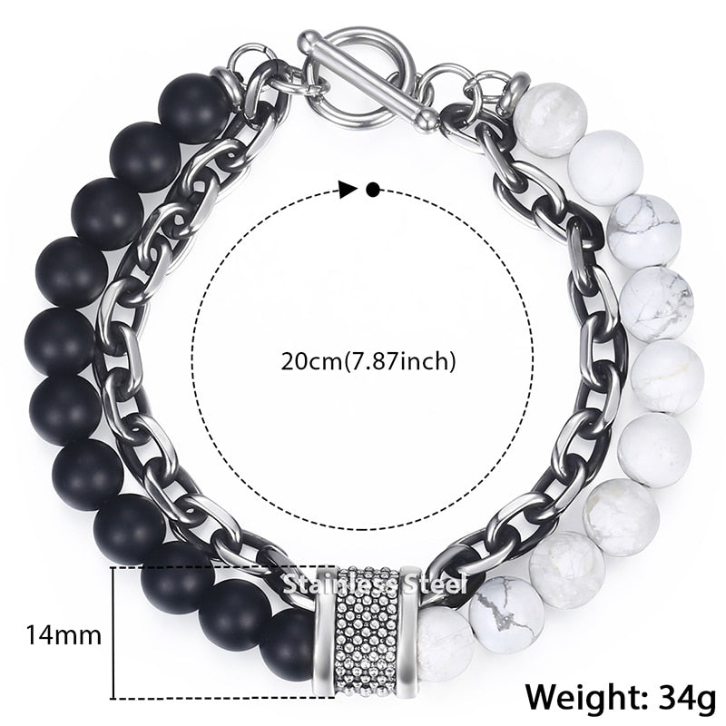 Trendsmax Natural Map Stone Men's Beaded Bracelet for women Stainless Steel Bracelets Male Jewelry Tiger eye 8 9 10 inch DB33