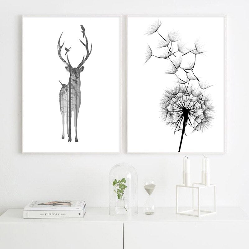 Black White Deer Dandelion Wall Art - Little Eudora
