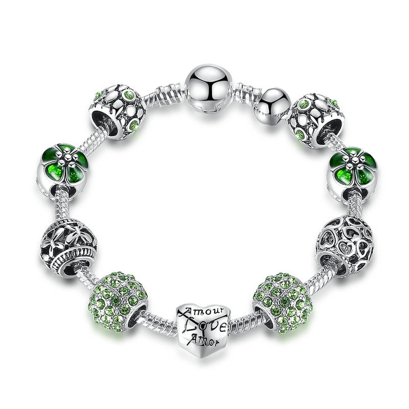 BAMOER Silver Plated Charm Bracelet & Bangle with Love and Flower Beads Women Wedding Jewelry 4 Colors 18CM 20CM 21CM PA1455