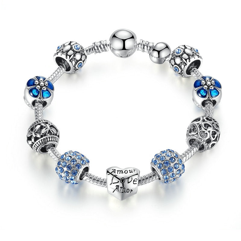 BAMOER Silver Plated Charm Bracelet & Bangle with Love and Flower Beads Women Wedding Jewelry 4 Colors 18CM 20CM 21CM PA1455