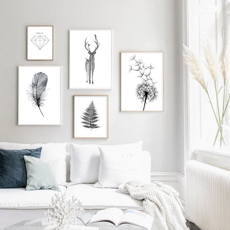 Black White Deer Dandelion Wall Art - Little Eudora
