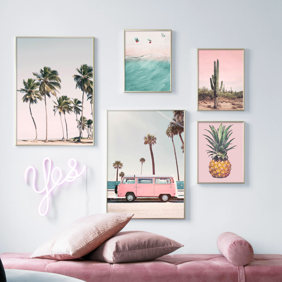 Pink Bus Cactus Pineapple Blue Sea Beach - Little Eudora