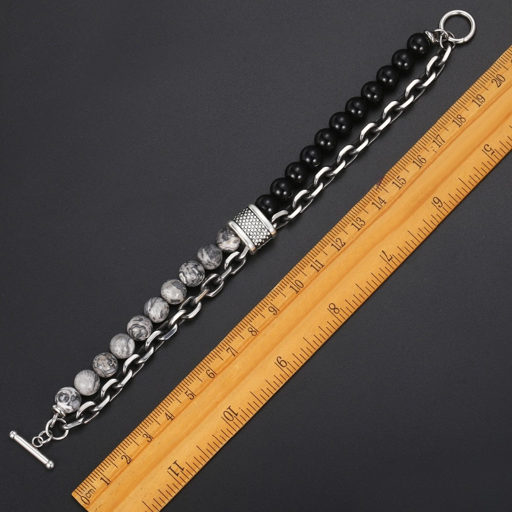 Trendsmax Natural Map Stone Men's Beaded Bracelet for women Stainless Steel Bracelets Male Jewelry Tiger eye 8 9 10 inch DB33