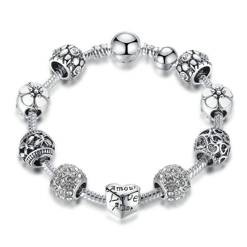 BAMOER Silver Plated Charm Bracelet & Bangle with Love and Flower Beads Women Wedding Jewelry 4 Colors 18CM 20CM 21CM PA1455