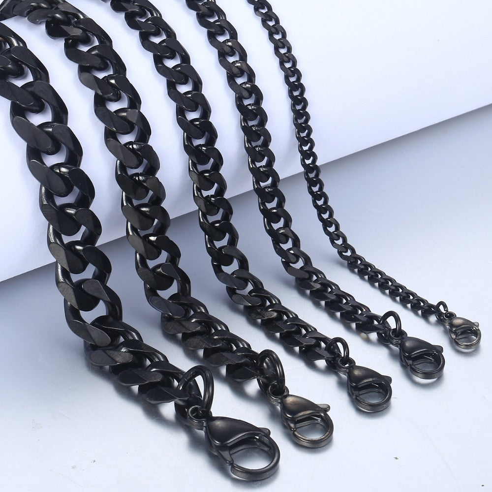 3-11mm Men's Bracelet Black Stainless Steel Cuban link Chain Bracelets Male Jewelry Wholesale Gifts 7-11" KBB4