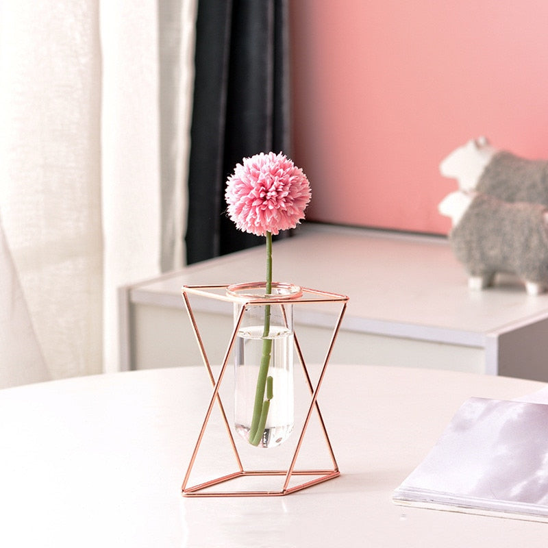 Nordic Golden Glass Vase Iron Hydroponic Plant Flower Vase Tabletop Coffee Shop Office Home Decoration Accessories Modern