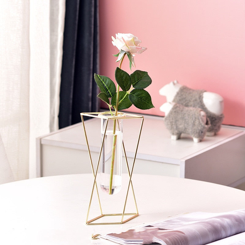 Nordic Golden Glass Vase Iron Hydroponic Plant Flower Vase Tabletop Coffee Shop Office Home Decoration Accessories Modern