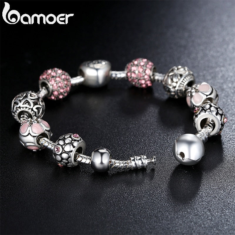 BAMOER Silver Plated Charm Bracelet & Bangle with Love and Flower Beads Women Wedding Jewelry 4 Colors 18CM 20CM 21CM PA1455