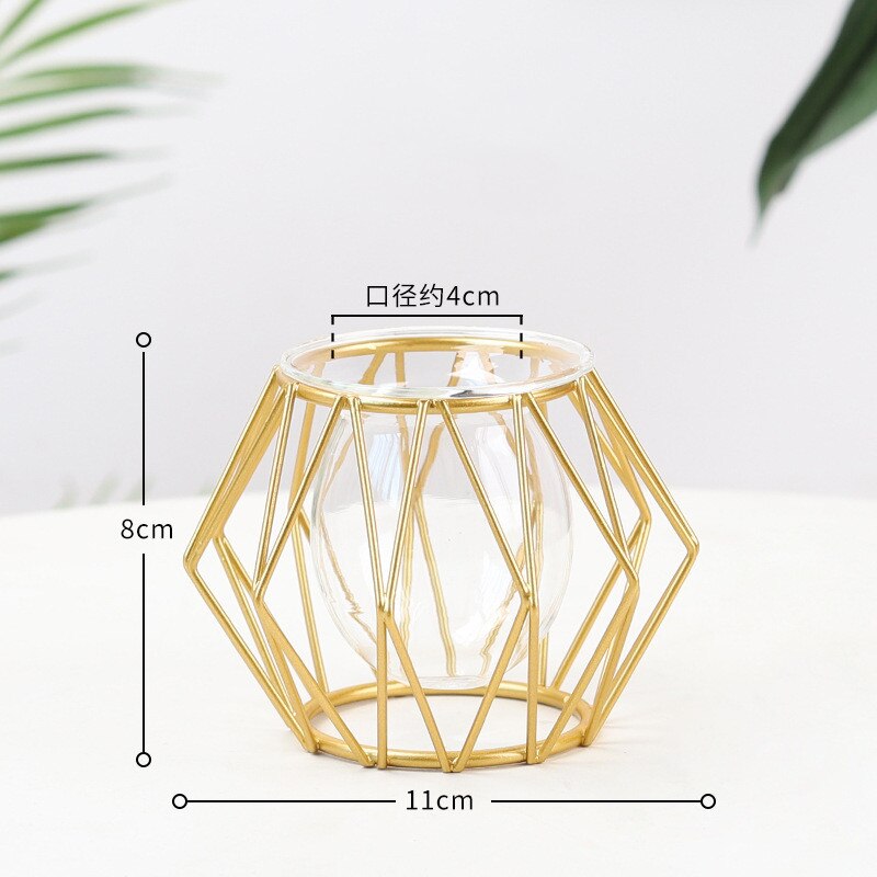 Nordic Golden Glass Vase Iron Hydroponic Plant Flower Vase Tabletop Coffee Shop Office Home Decoration Accessories Modern