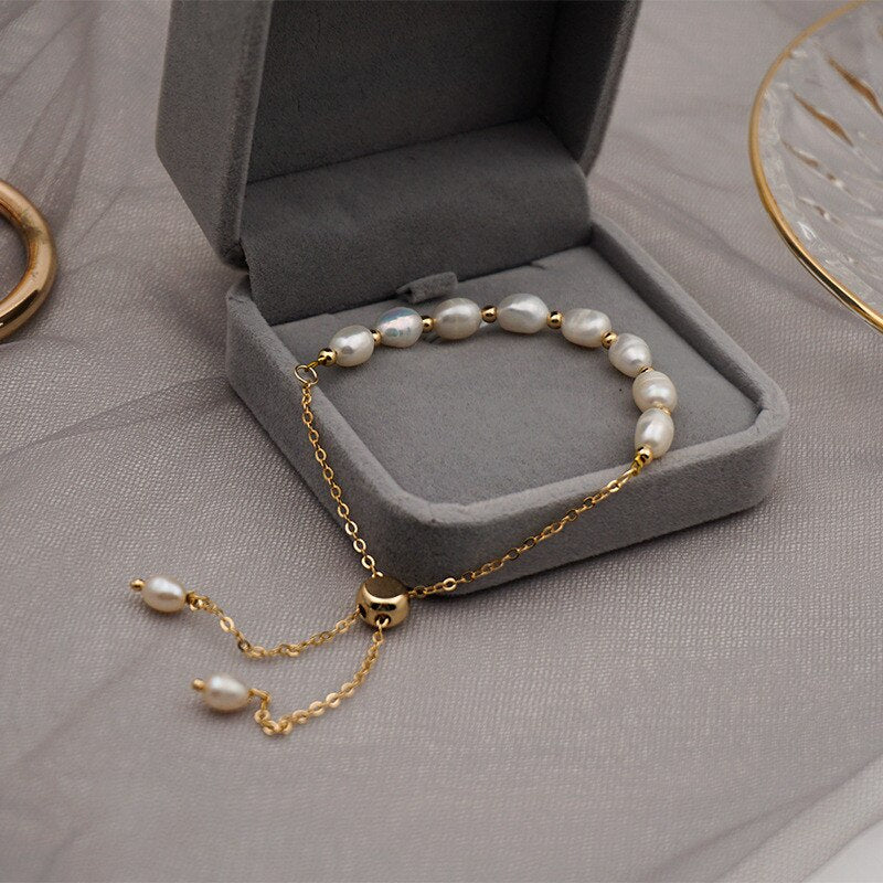 Korean Original Minimalist Design Natural Pearl Gold Bracelet Woman Fashion Personality Cuff Bracelet Jewelry Anniversary Gifts