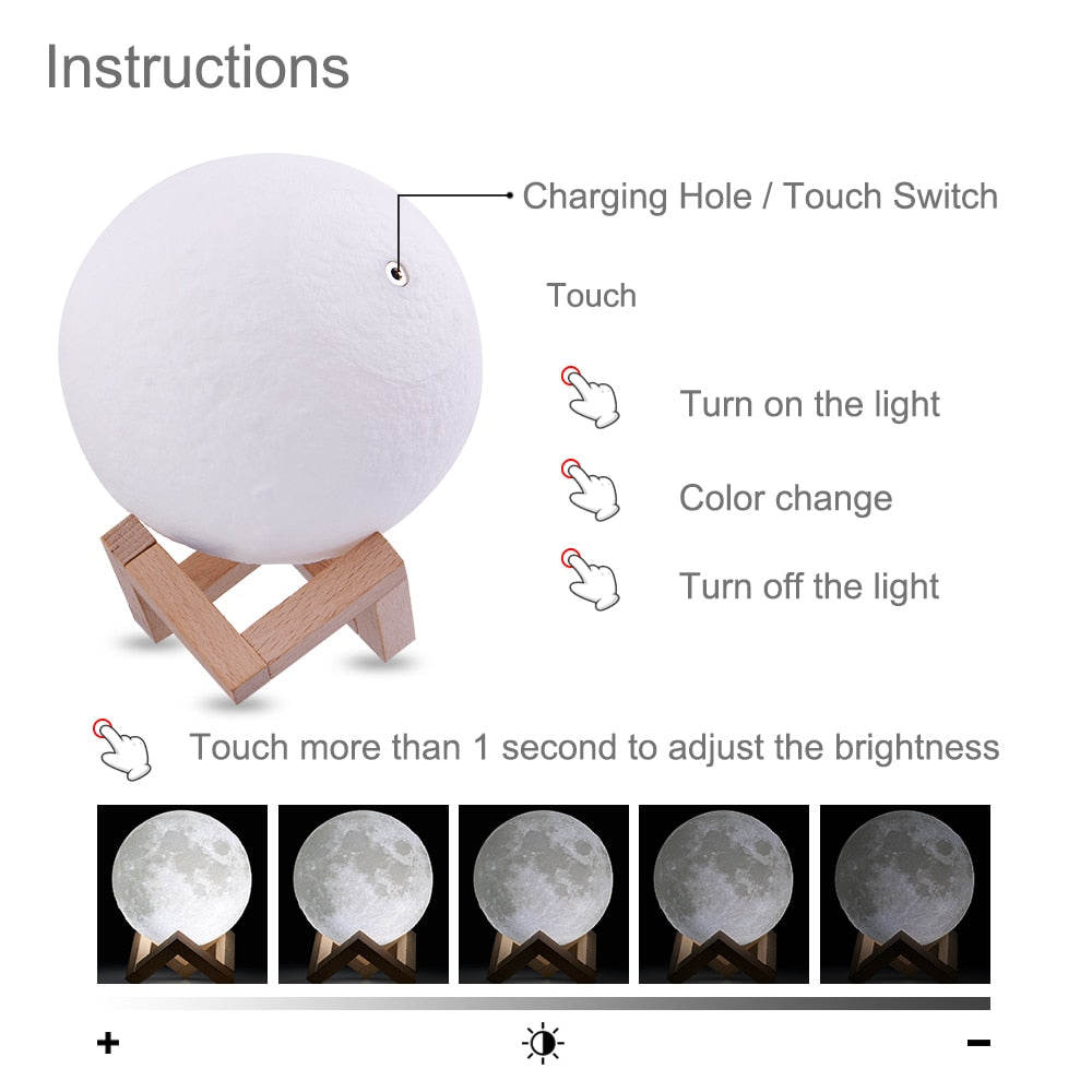Rambery moon lamp 3D print night light Rechargeable 3 Color Tap Control lamp lights 16 Colors Change Remote LED moon light gift
