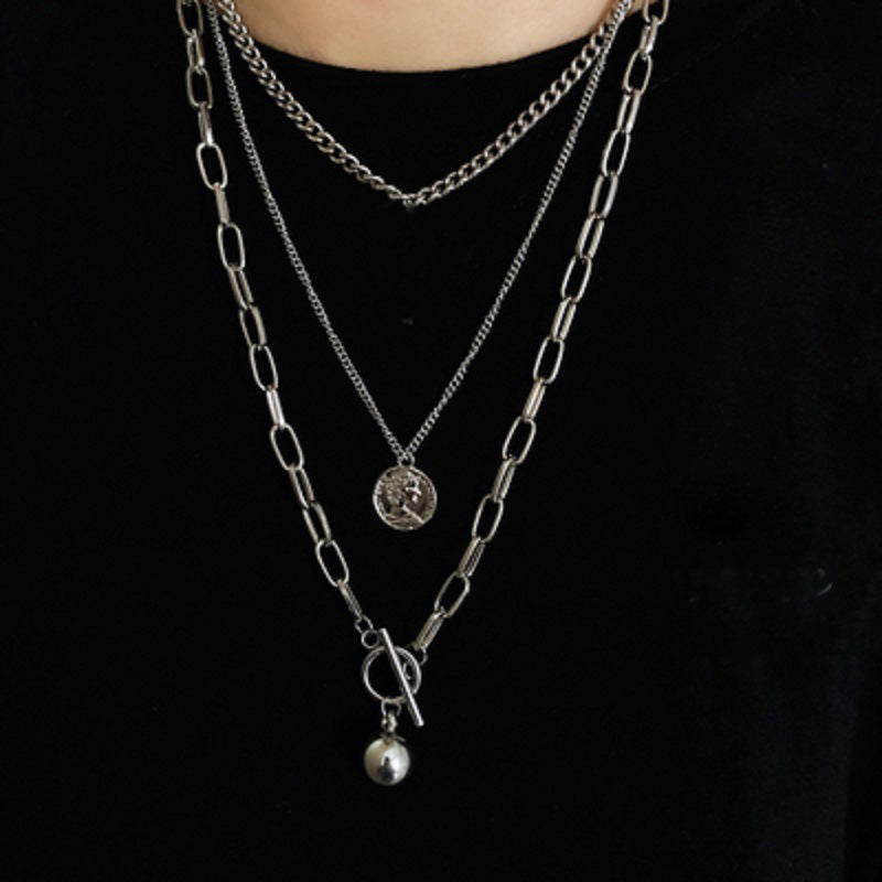 New Trendy Metal Ball Coin Cross Pendant Multi-layer Punk Design Long Chain Necklace For Women men Jewelry Gifts
